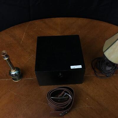 misc decor: vase, belt, storage box, lamp;