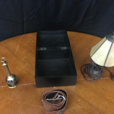 misc decor: vase, belt, storage box, lamp;