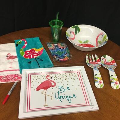 home decor: flamingo home decor: picture, salad bowl and tongs set, 2 kitchen towels, tie dye neoprene drink holder, green tumbler w/ straw;