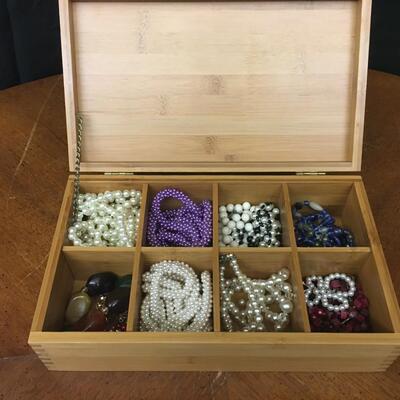 jewelry: vintage strung beaded necklaces, divided wood box;