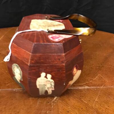 wooden box or purse: wooden box or purse with clasp and handle;