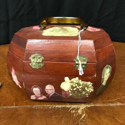 wooden box or purse: wooden box or purse with clasp and handle;