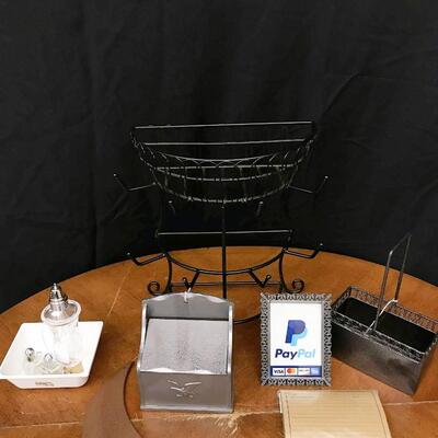 decor: Black tiered wire basket, Picture frame,Moon decor, salt/pepper shaker set ,metal mailbox,notes,glassware ;