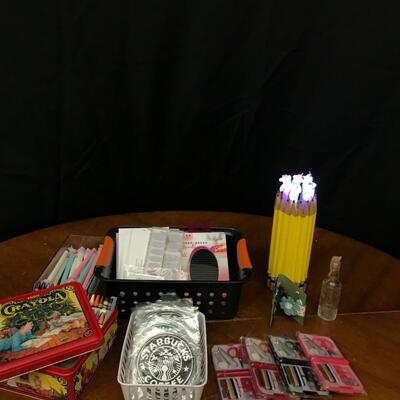 crafts: crayola crayon set, pencil holder vase, starbucks magnets, sewing kits, color street, pens;