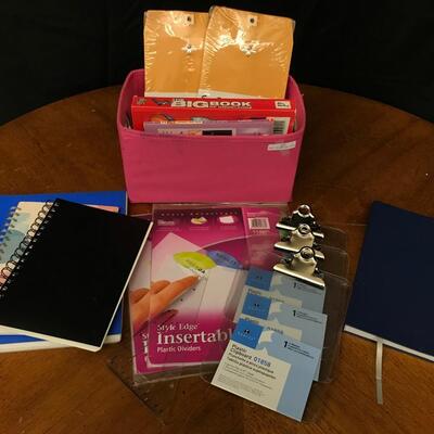 office: mini clipboards, spiral notebooks, plastic dividers, envelope mailers,misc books, pink tote;