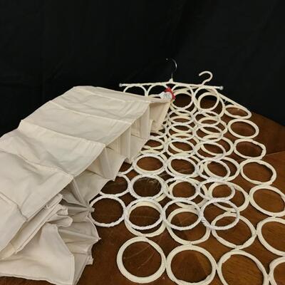 closet organizers: scarf holders, hanging cloth shelves;