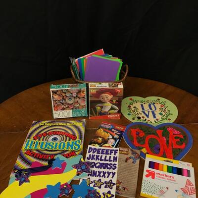 crafts: signage, craft paper, puzzles, letter stickers,markers, comics;