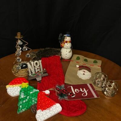 christmas: candle holder, noel stocking holder, stress poppers, stocking, snowmen, 2 metallic candle holders;