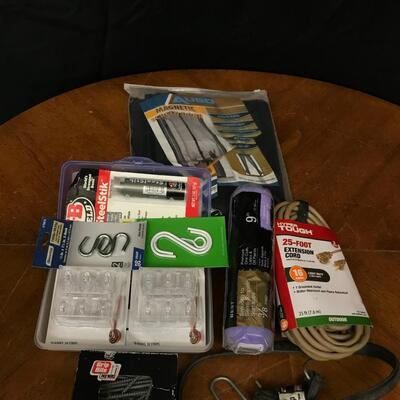 diy home: extension cord 25 ft, paint roller refill, box of screws, tarp strap, magnetic screen, s hooks, wallhangers;