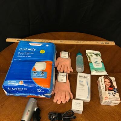 selfcare: adult diapers s/m, spa gloves, hair dye, blow dryer travel size, hygiene products;