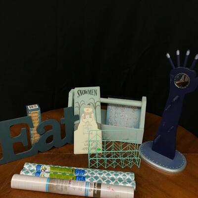 decor: all seeing hand jewelry holder, eat sign, shelf paper/contact paper, wire holder, wooden box, jenga, snowman decor;