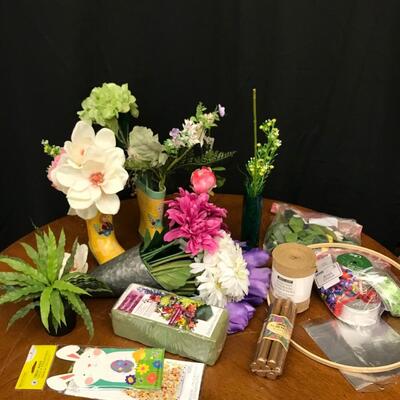 Spring decor: springtime decor, artificial florals, floral holders, crafting materials, easter decor, candles;