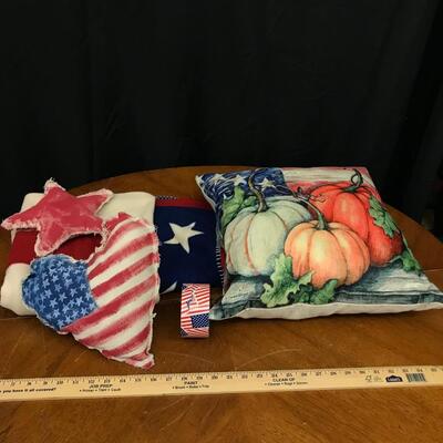 Americano decor: harvest throw pillows, flag heart shaped pillow, small star pillow;