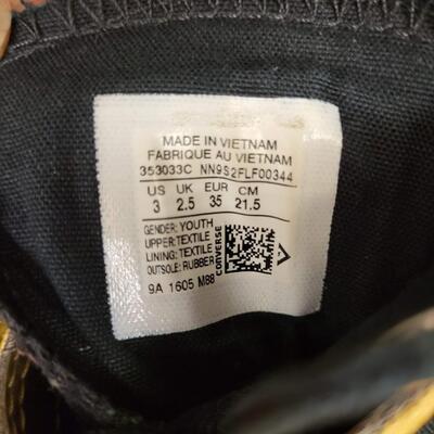 Shoes:1 Converse Size 3 Black and gold hi top converse;