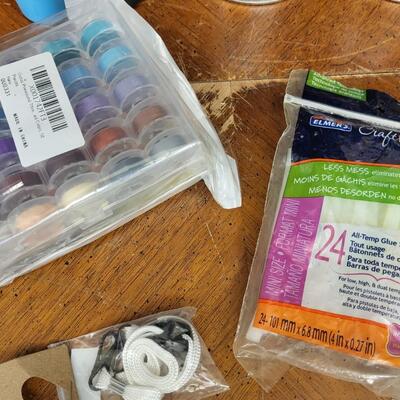 Crafting:Box Lot Assorted Crafting Items: Photo Calendar Kit, containers with lids;