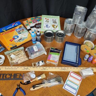 Crafting:Box Lot Assorted Crafting Items: Photo Calendar Kit, containers with lids;