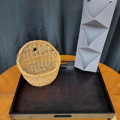 Decor:3 Large black tray; hanging basket; hanging organizer;