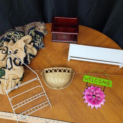 Decor:Box Lot White wall shelf, desk organizer, basket, misc;