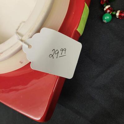 Christmas:Box Lot Merry Christmas Cookie jar; Lights, 2 Santa candle holders, misc;