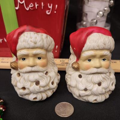 Christmas:Box Lot Merry Christmas Cookie jar; Lights, 2 Santa candle holders, misc;
