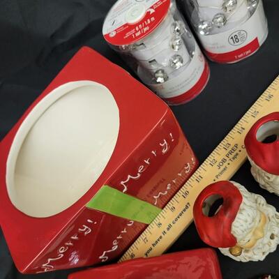 Christmas:Box Lot Merry Christmas Cookie jar; Lights, 2 Santa candle holders, misc;