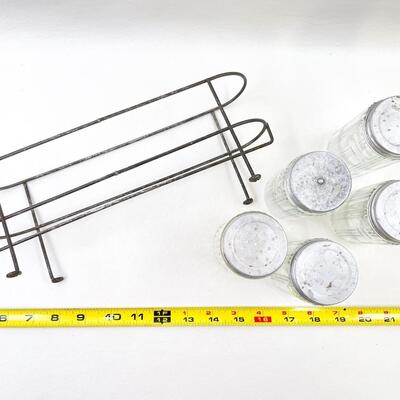 VINTAGE GLASS SPICE JARS WITH METAL STAND