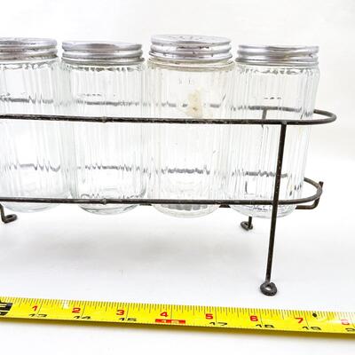 VINTAGE GLASS SPICE JARS WITH METAL STAND