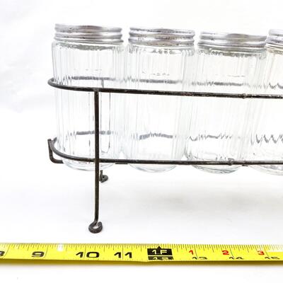 VINTAGE GLASS SPICE JARS WITH METAL STAND