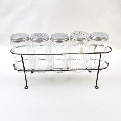 VINTAGE GLASS SPICE JARS WITH METAL STAND