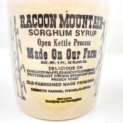 SMALL VINTAGE BICENTENNIAL CROCK JUG - RACCOON MOUNTAIN SORGHUM SYRUP
