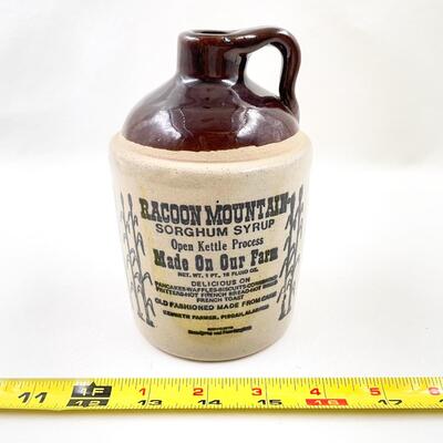 SMALL VINTAGE BICENTENNIAL CROCK JUG - RACCOON MOUNTAIN SORGHUM SYRUP