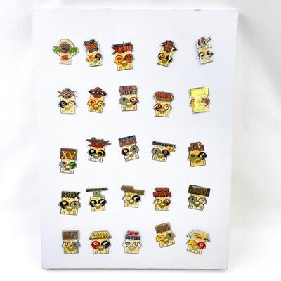 STARLINE COLLECTION OF 25 SUPERBOWL ENAMEL PINS ON CANVAS