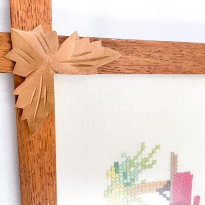 LARGE! CROSS STITCH ART IN CARVED WOODEN FRAME - SIGNED â€œMAKTâ€