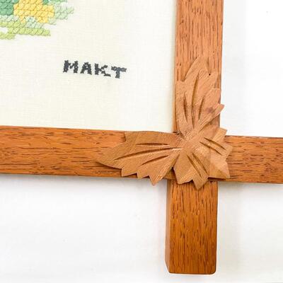 LARGE! CROSS STITCH ART IN CARVED WOODEN FRAME - SIGNED â€œMAKTâ€