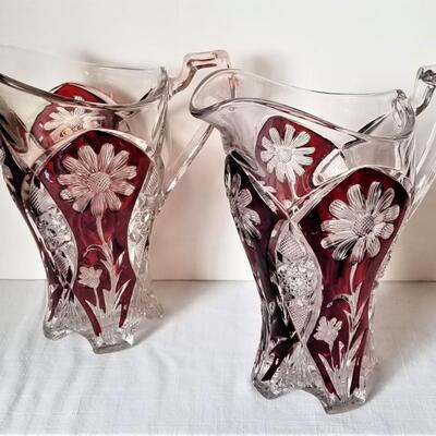 Lot #76  Pair of Vintage Ruby Flashed Pitchers