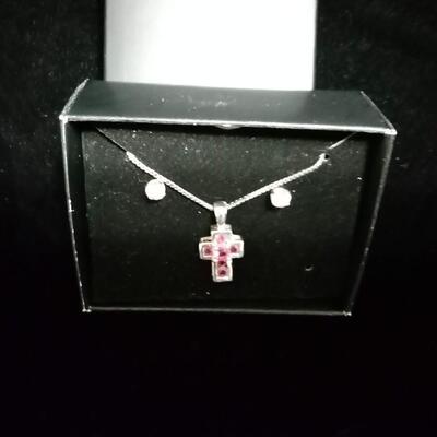 LOT 61  STERLING CHAIN WITH CROSS PENDANT AND PIERCED EARRINGS