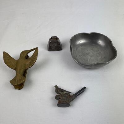 218. Brass Door Knocker/Pewter Dish/Bird Whistle/Small Cowbell