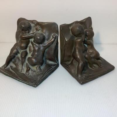 221  Antique Bronze â€œ Children â€œ Bookends, Galvano Bronze, P. Mori & Son 1900-1940