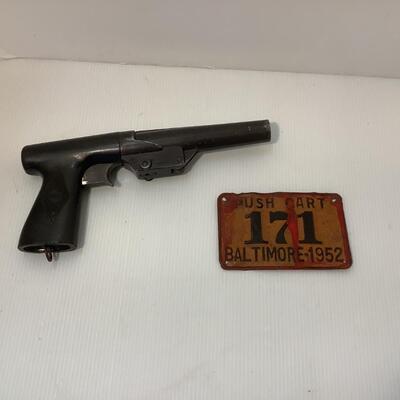 224. Antique Push Cart Plate â€œ 171 Baltimore-1952 â€œ & Antique R. F. Sedgley Inc ( USN ) Single Shot Flare Gun