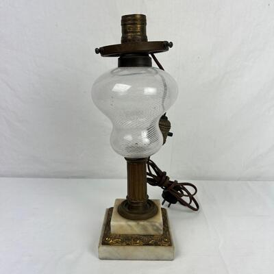 290  Antique White Swirled Glass, Converted Oil Lamp with Marble Base