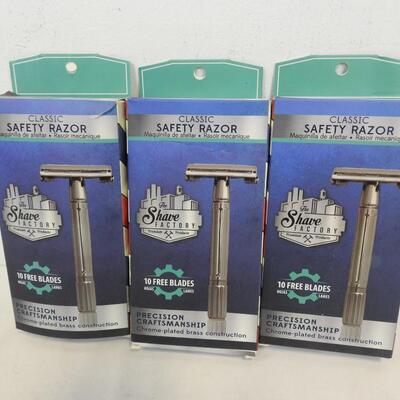 3 Shaving Factory Twist To Open Double Edge Safety Razors and 10 Blades Each New