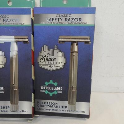3 Shaving Factory Twist To Open Double Edge Safety Razors and 10 Blades Each New