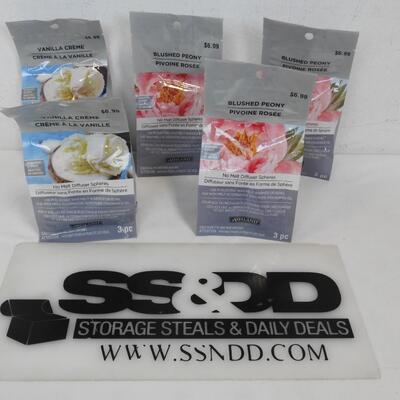 5 Packages Ashland No Melt Diffuser Spheres: Vanilla Creme & Blushed Peony-NEW