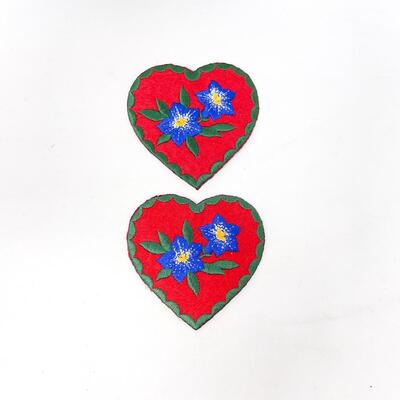 GERMAN EMBROIDERED HEART PATCHES W/ BLUE FLOWERS SET OF 2