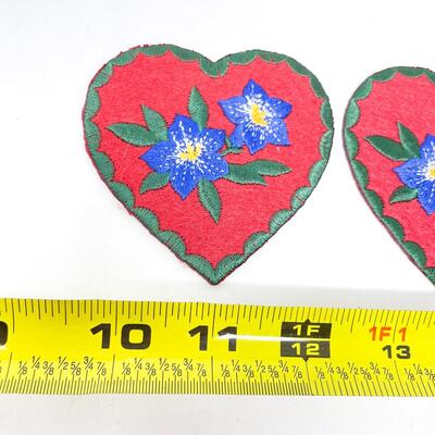 GERMAN EMBROIDERED HEART PATCHES W/ BLUE FLOWERS SET OF 2
