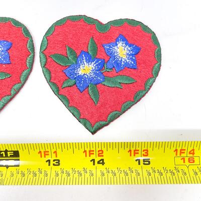 GERMAN EMBROIDERED HEART PATCHES W/ BLUE FLOWERS SET OF 2