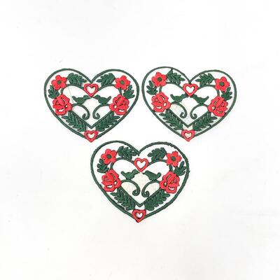 GERMAN EMBROIDERED HEART PATCHES W/ ROSES & BIRDS SET OF 3 #1