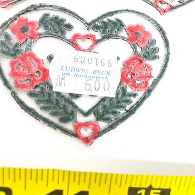 GERMAN EMBROIDERED HEART PATCHES W/ ROSES & BIRDS SET OF 3 #1