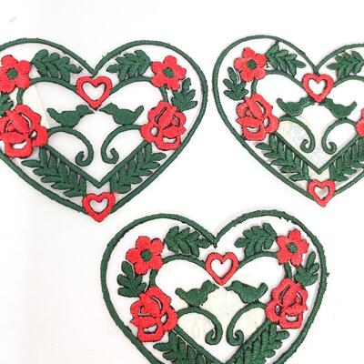 GERMAN EMBROIDERED HEART PATCHES W/ ROSES & BIRDS SET OF 3 #1
