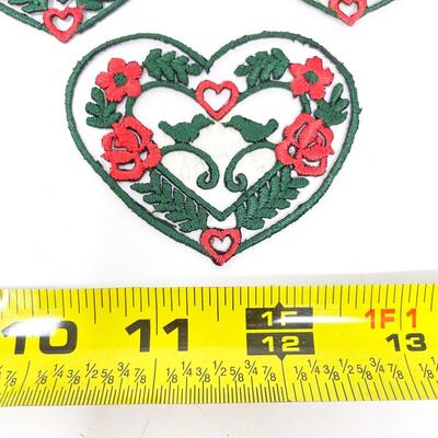 GERMAN EMBROIDERED HEART PATCHES W/ ROSES & BIRDS SET OF 3 #1
